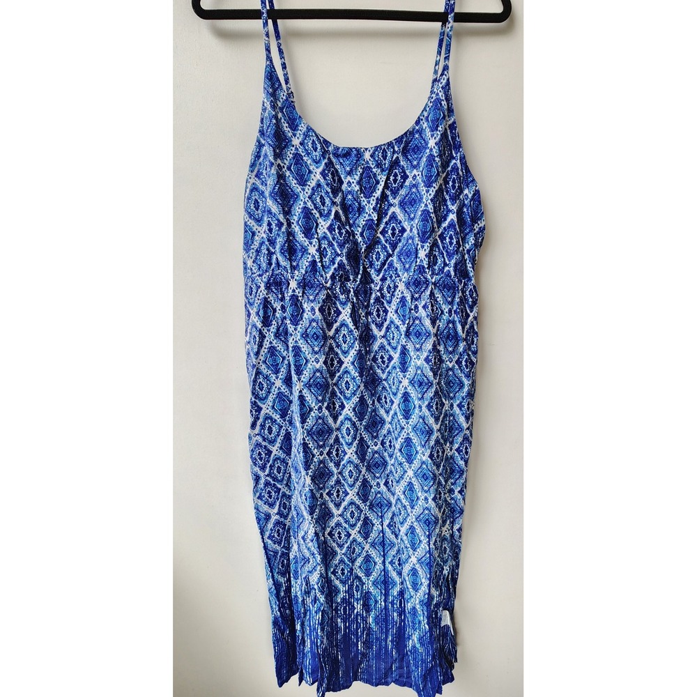 Diya Blue Geometric Print Midi Dress Adjustable Straps Elastic Waist Size 18